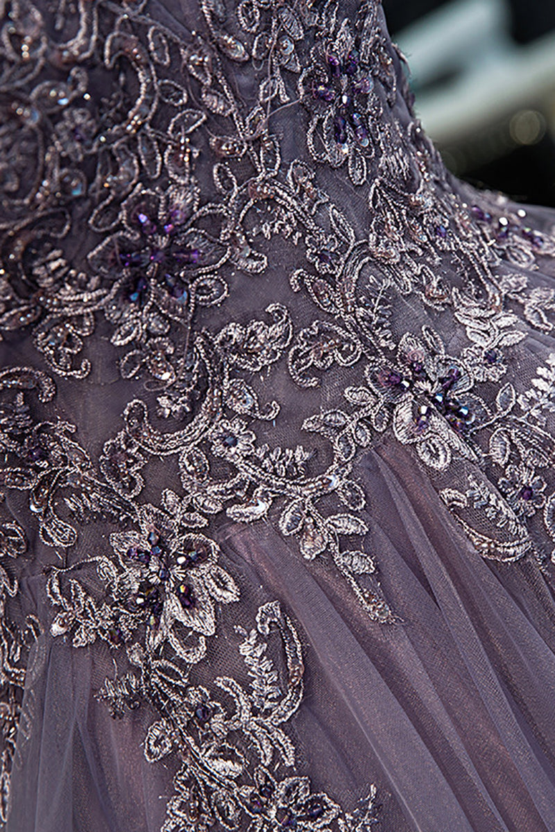 Load image into Gallery viewer, Purple Tulle A Line Beaded Prom Dress with Appliques