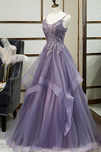 Purple Tulle A Line Beaded Prom Dress with Appliques