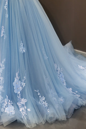 Blue Off the Shoulder Tulle Quinceanera Dresses with Appliques