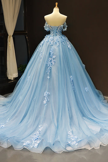 Blue Off the Shoulder Tulle Quinceanera Dresses with Appliques