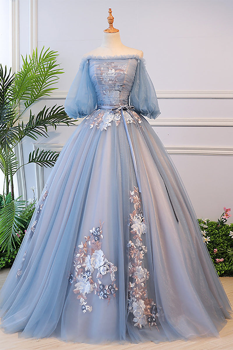 Load image into Gallery viewer, Grey Blue Off the Shoulder Quinceanera Dresses with Appliques