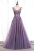 Load image into Gallery viewer, Tulle A Line Purple Beaded Prom Dress with Appliques