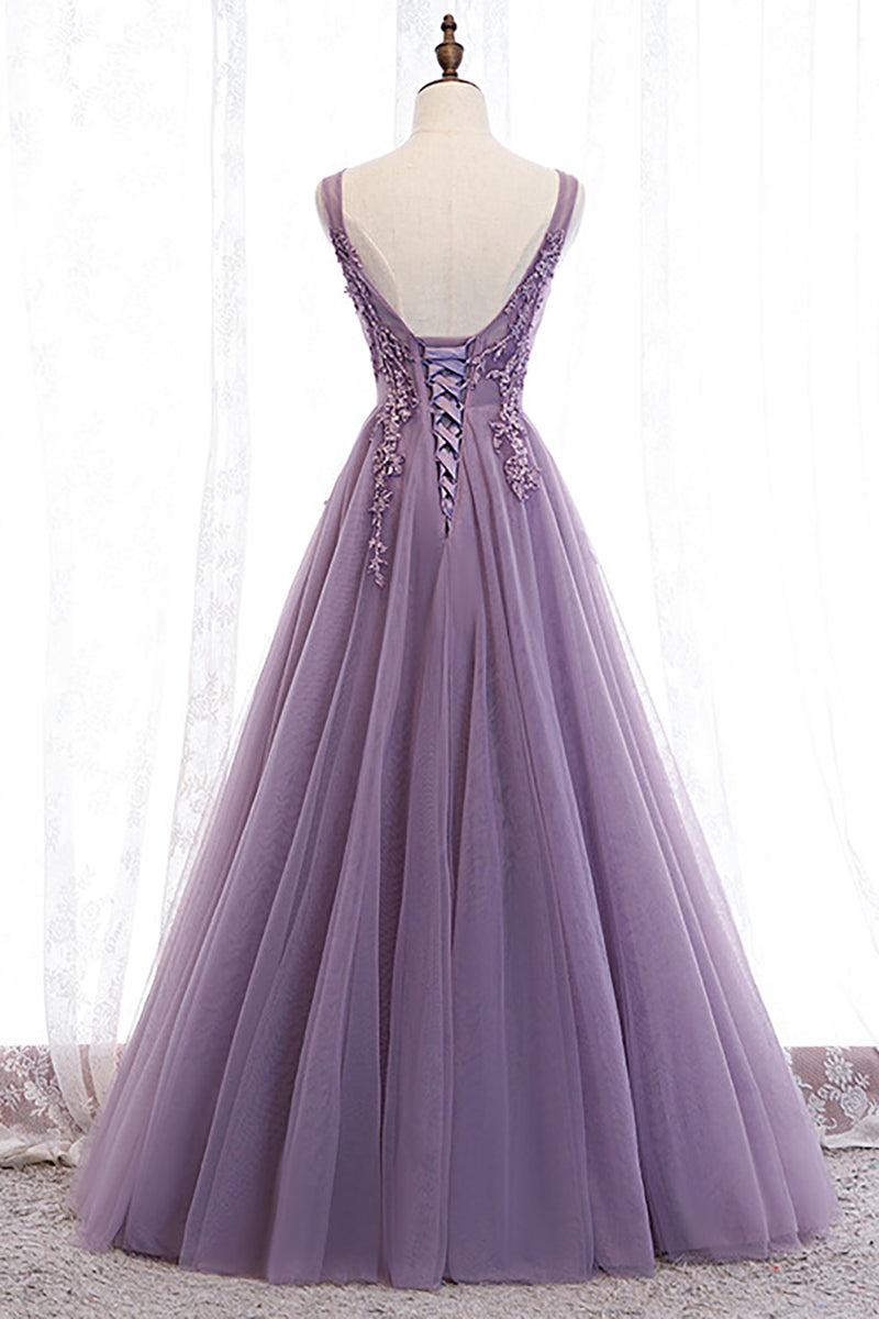 Load image into Gallery viewer, Tulle A Line Purple Beaded Prom Dress with Appliques