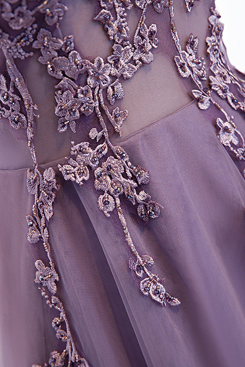 Load image into Gallery viewer, Tulle A Line Purple Beaded Prom Dress with Appliques