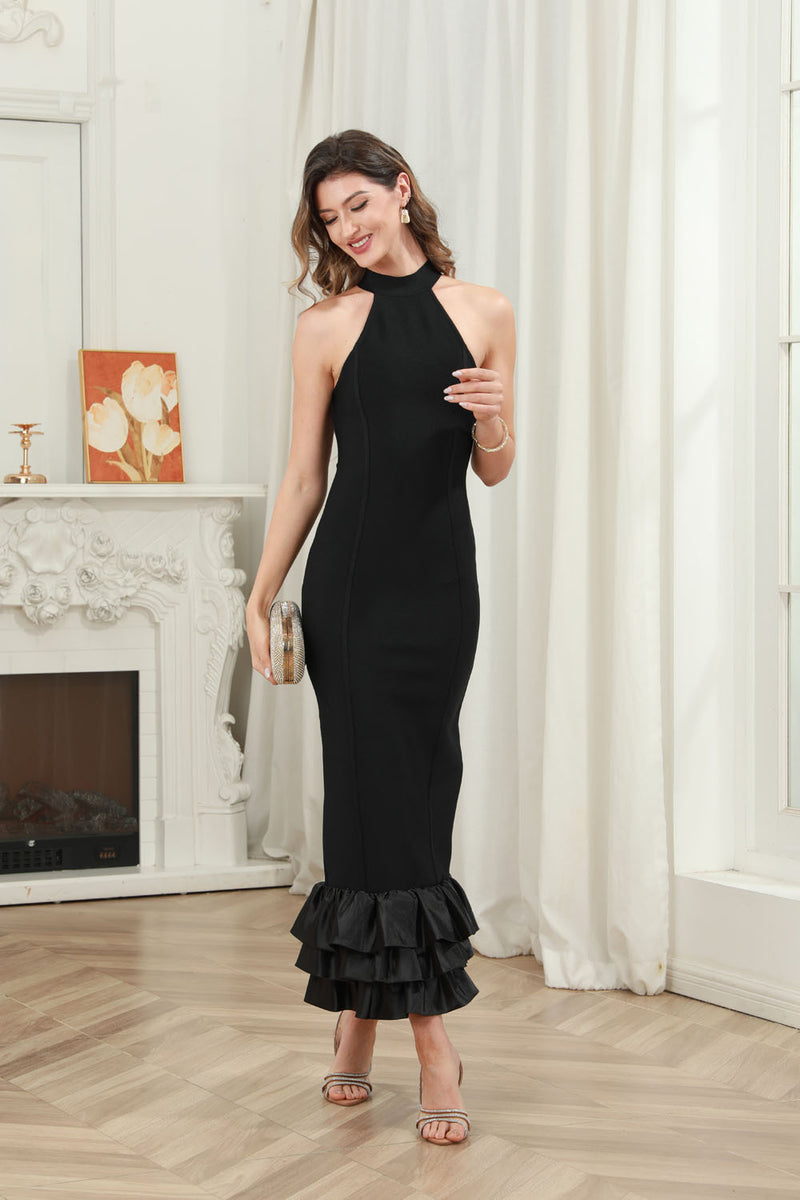 Load image into Gallery viewer, Black Halter Midi Graduation Dress with Ruffles