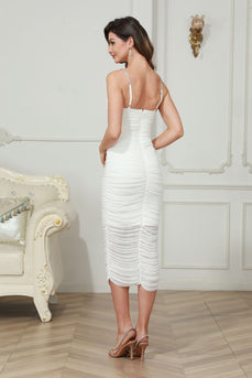 White Spaghetti Straps Ruched Graduation Dress