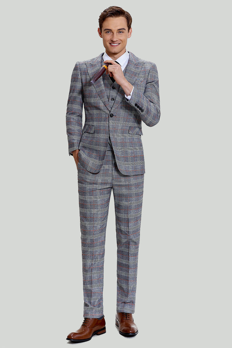 Load image into Gallery viewer, Grey Plaid Wide Peak Lapel 3 Piece Single Breasted Men&#39;s Suits