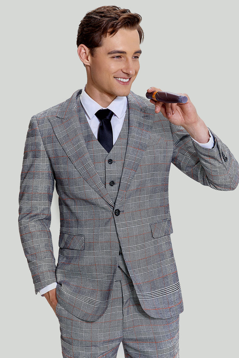 Load image into Gallery viewer, Grey Plaid Wide Peak Lapel 3 Piece Single Breasted Men&#39;s Suits