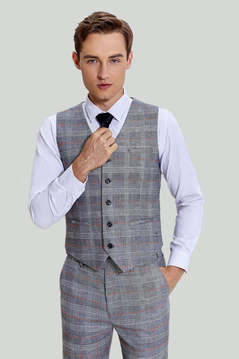 Grey Plaid Wide Peak Lapel 3 Piece Single Breasted Men's Suits