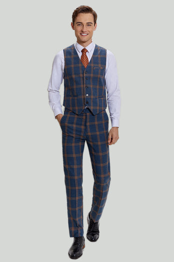 Grey Blue Men's 3 Piece Plaid Notched Lapel Prom Suits