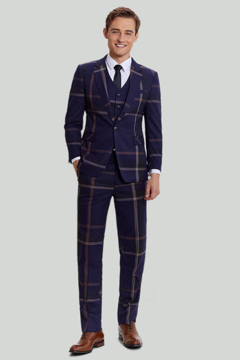 Men's 3 Piece One Button Navy Plaid Tuxedo