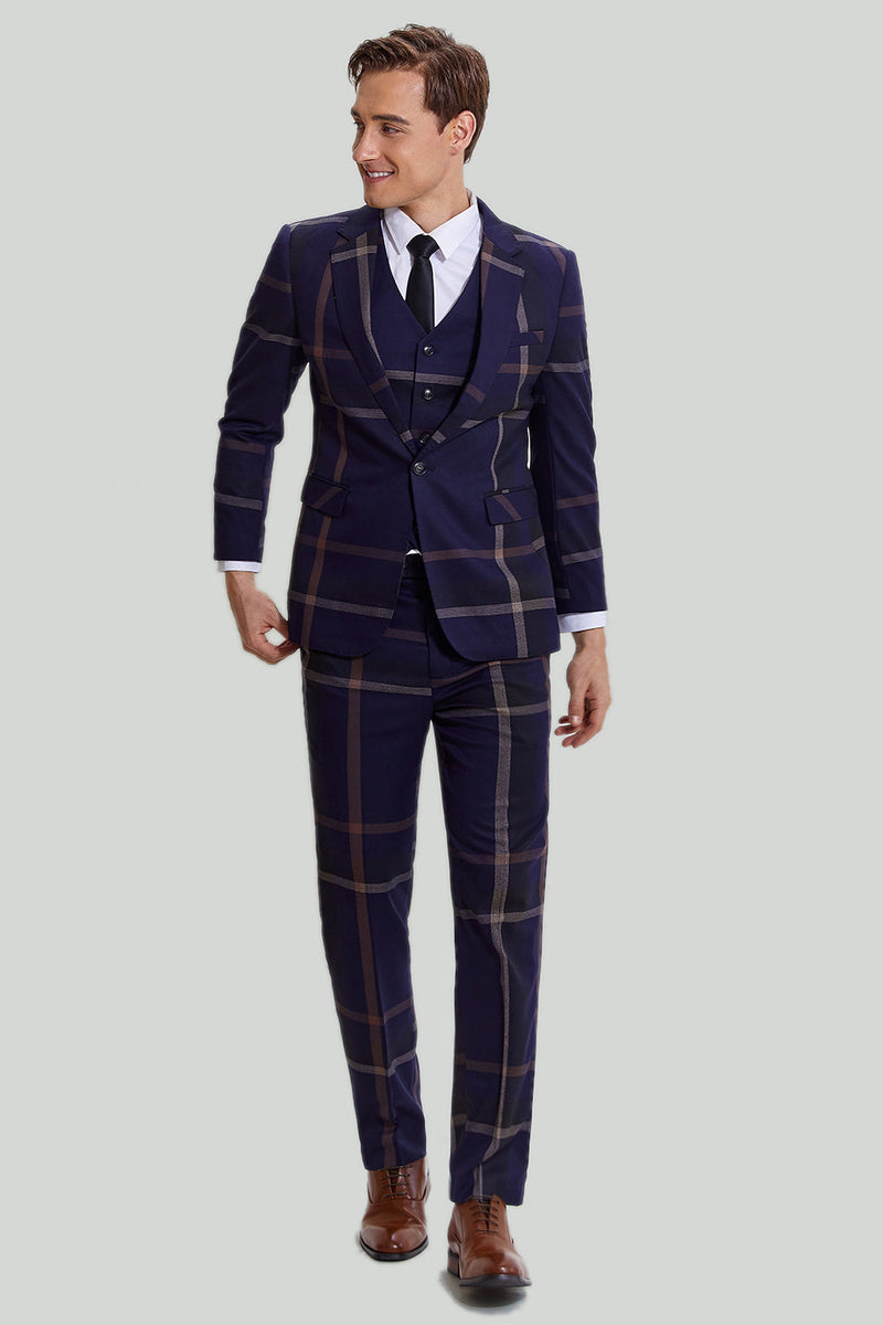 Load image into Gallery viewer, Men&#39;s 3 Piece One Button Navy Plaid Tuxedo