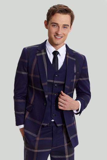 Men's 3 Piece One Button Navy Plaid Tuxedo