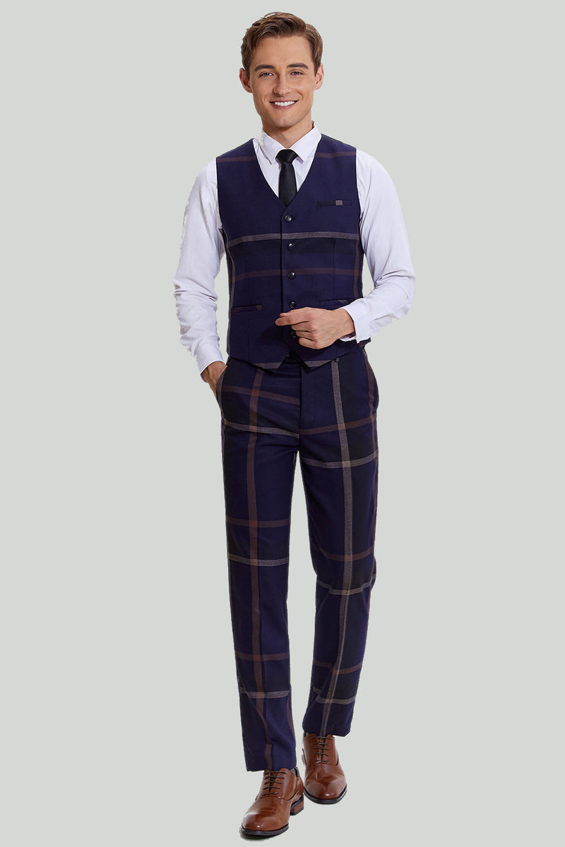 Load image into Gallery viewer, Men&#39;s 3 Piece One Button Navy Plaid Tuxedo