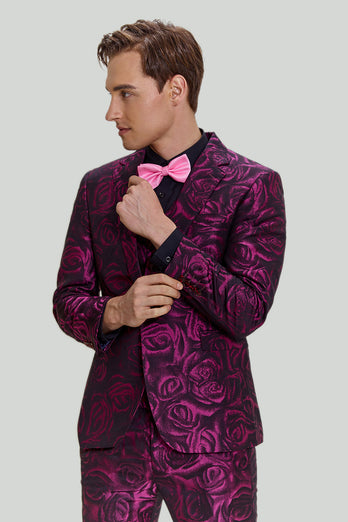 Fuchsia Floral Jacquard 3 Piece Men's Prom Suits