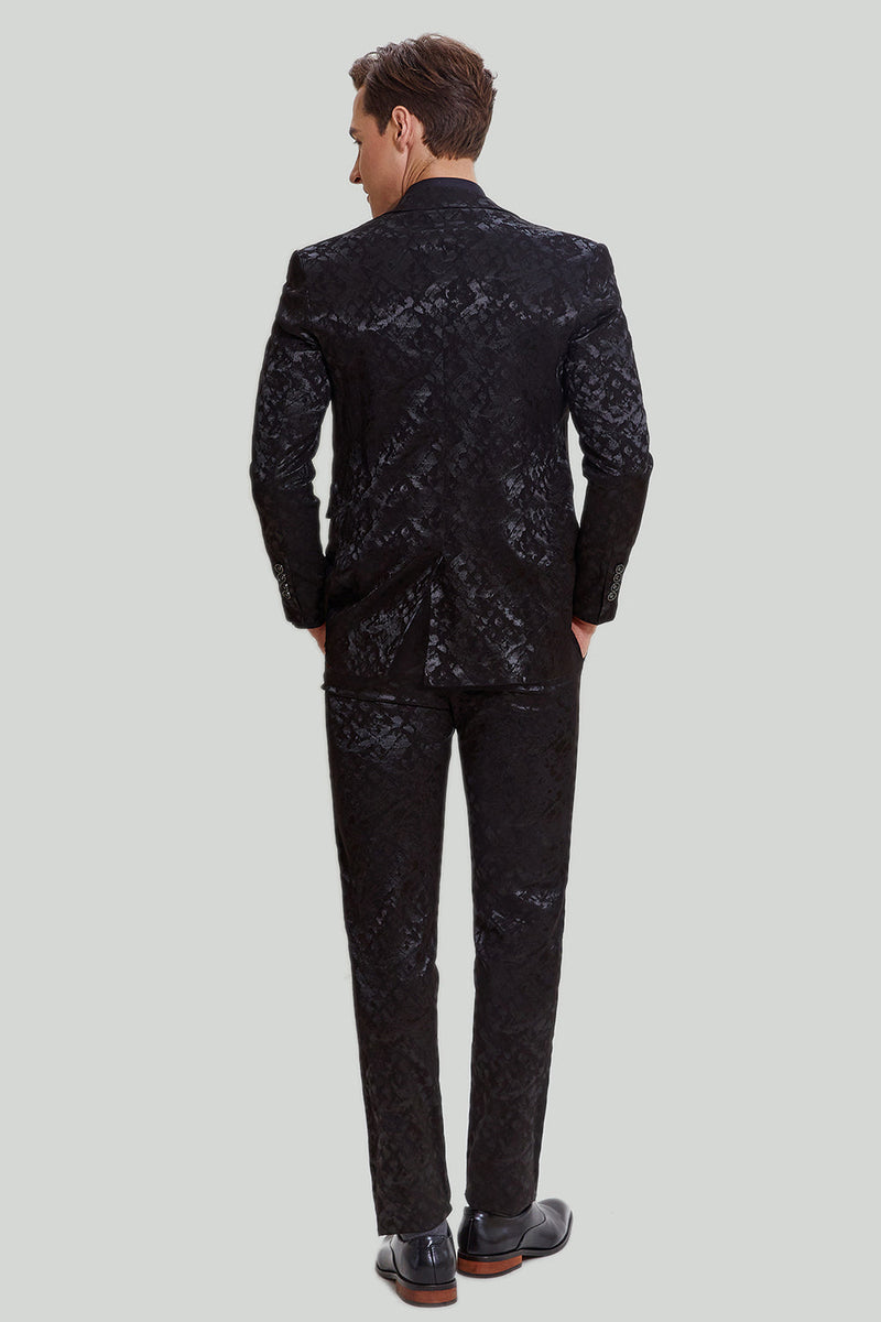 Load image into Gallery viewer, Men&#39;s Black 3-piece Jacquard Jacket Vest Pants Suit