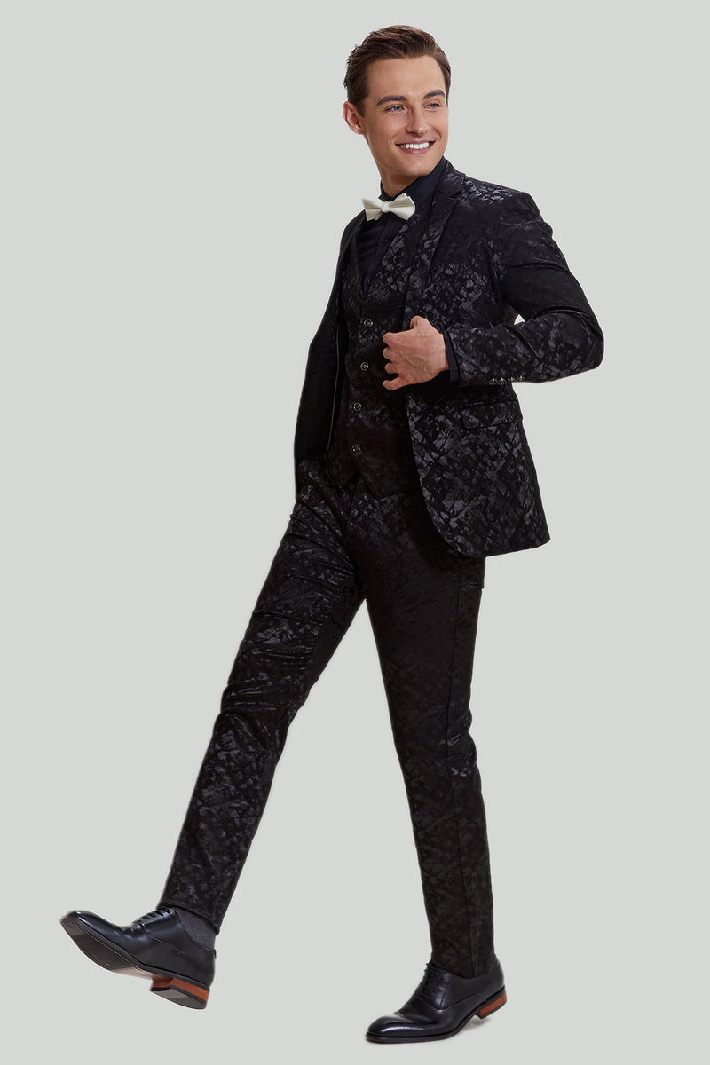 Load image into Gallery viewer, Men&#39;s Black 3-piece Jacquard Jacket Vest Pants Suit