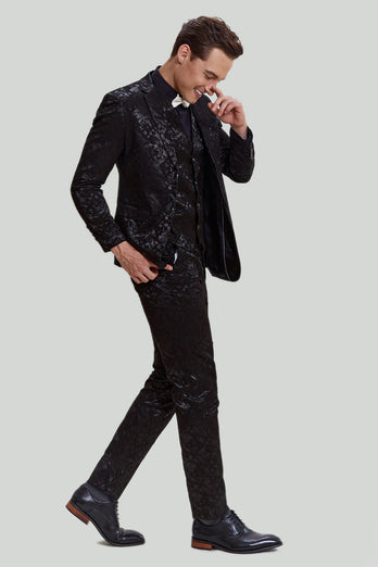 Men's Black 3-piece Jacquard Jacket Vest Pants Suit