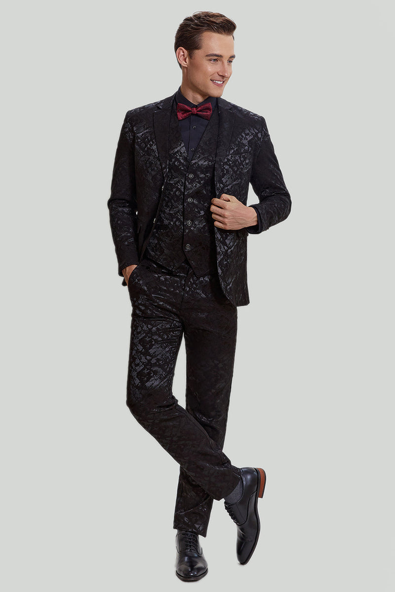 Load image into Gallery viewer, Men&#39;s Black 3-piece Jacquard Jacket Vest Pants Suit