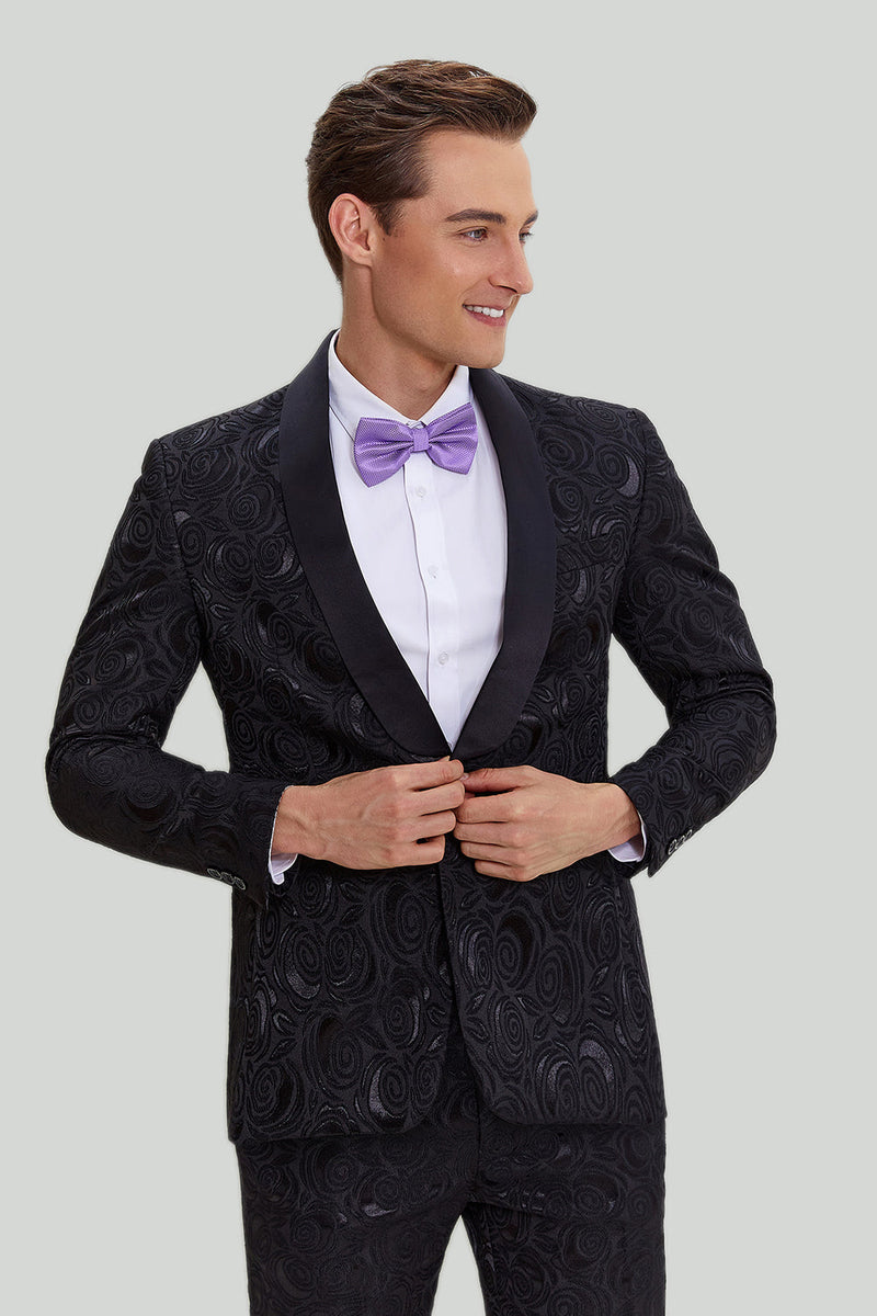 Load image into Gallery viewer, Men&#39;s Black 2-piece Jacquard One Button Fit Suit Set