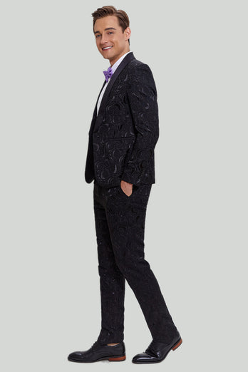 Men's Black 2-piece Jacquard One Button Fit Suit Set