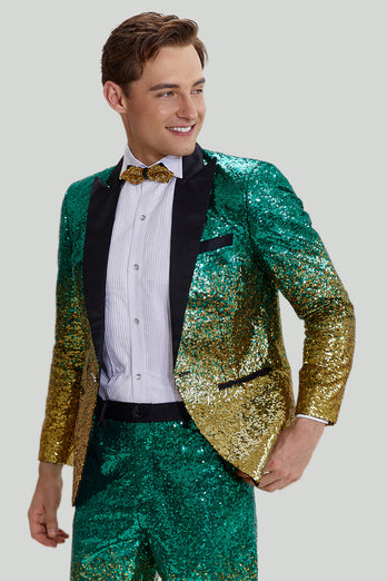 Gold Green Men's 2 Piece Notched Lapel Sequins Suits