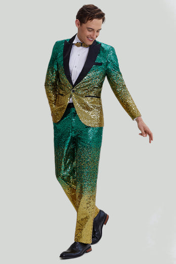 Gold Green Men's 2 Piece Notched Lapel Sequins Suits