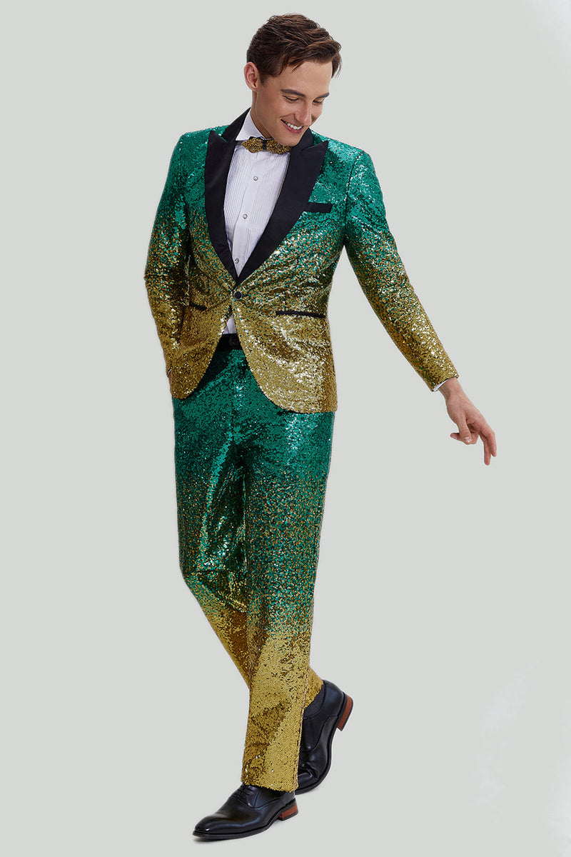 Load image into Gallery viewer, Gold Green Men&#39;s 2 Piece Notched Lapel Sequins Suits