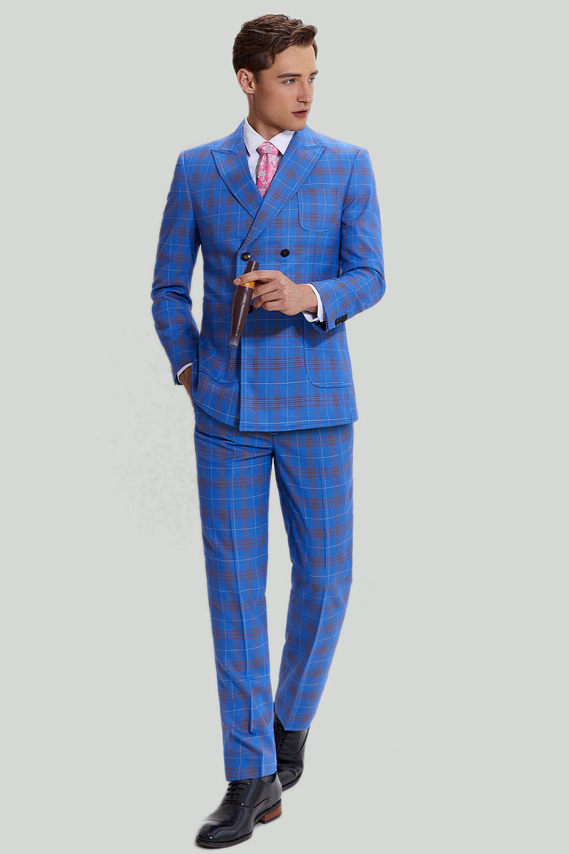 Load image into Gallery viewer, Blue Plaid Men&#39;s 3 Piece Tuxedo Suits