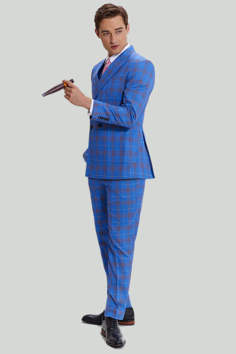 Load image into Gallery viewer, Blue Plaid Men&#39;s 3 Piece Tuxedo Suits