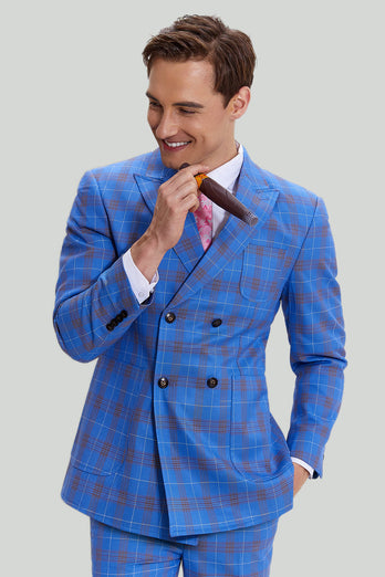 Blue Plaid Men's 3 Piece Tuxedo Suits