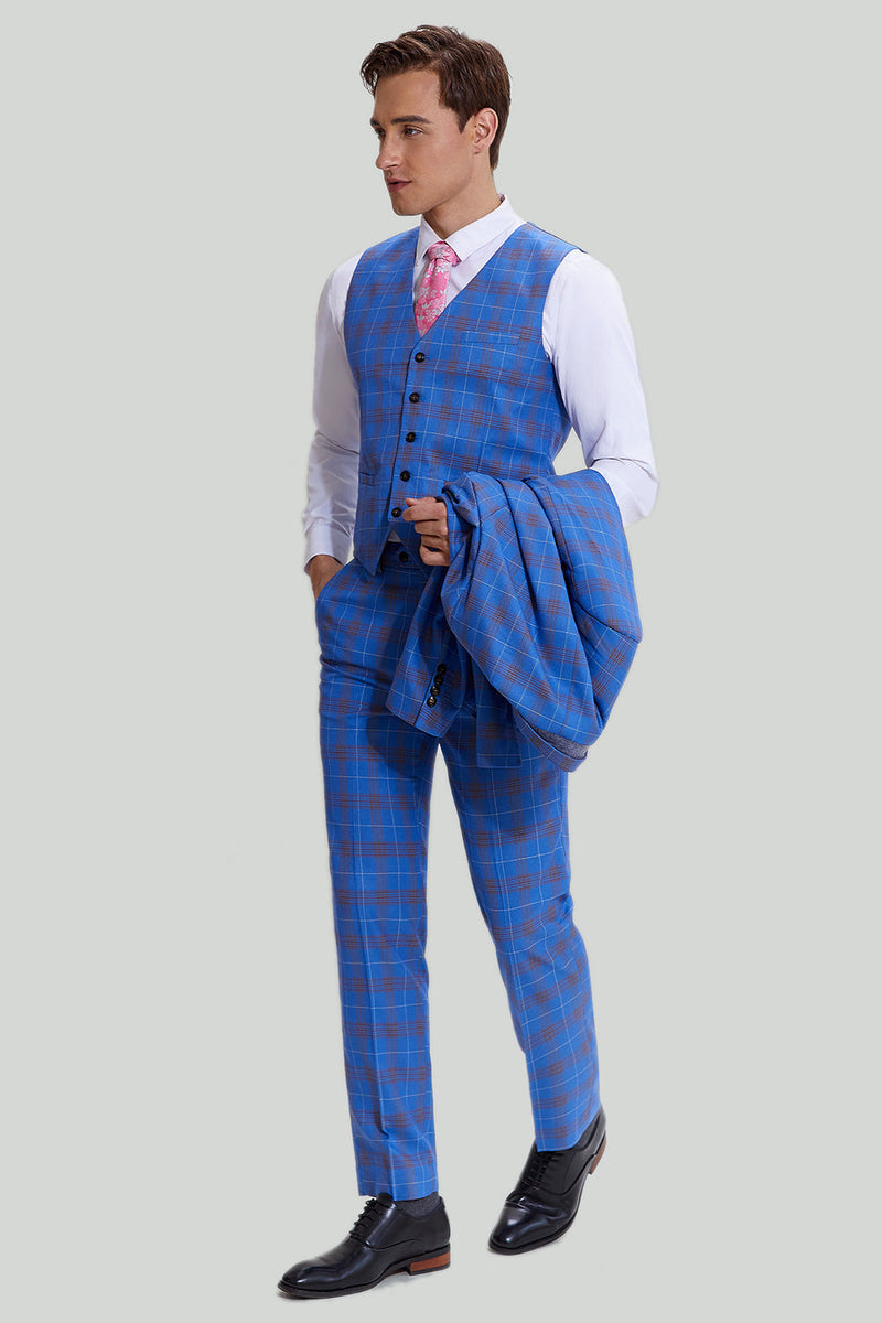 Load image into Gallery viewer, Blue Plaid Men&#39;s 3 Piece Tuxedo Suits