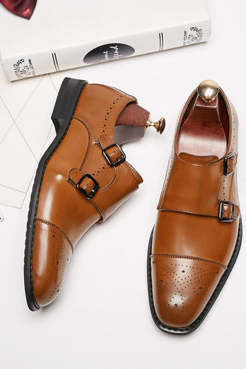 Brown Monk Strap Men's Leather Slip-On Dress Shoes