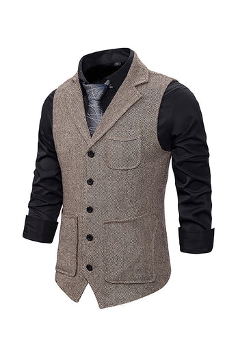 Brown Tweed Single Breasted Notched Lapel Men's Suit Vest