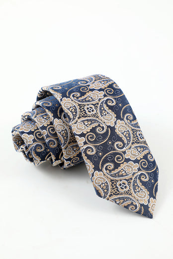 Navy Men's Jacquard 5-Piece Accessory Set Tie and Bow Tie Pocket Square Flower Lapel Pin Tie Clip