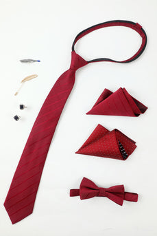 Burgundy Men's Accessory Set Tie and Bow Tie Two Pocket Square Lapel Pin Tie Clip Cufflinks