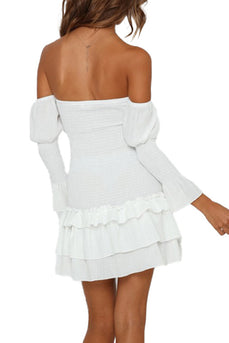 Off The Shoulder Long Sleeves White Graduation Dress with Pleated