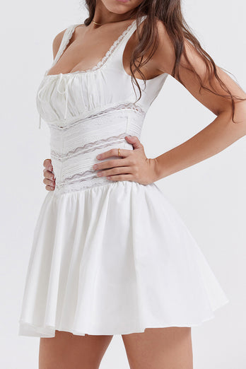 A-Line Square Neck Little White Graduation Dress