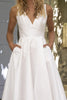 Load image into Gallery viewer, A Line V-Neck Midi White Graduation Dress with Pockets