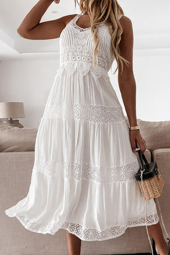 A-Line Midi Summer White Lace Graduation Dress