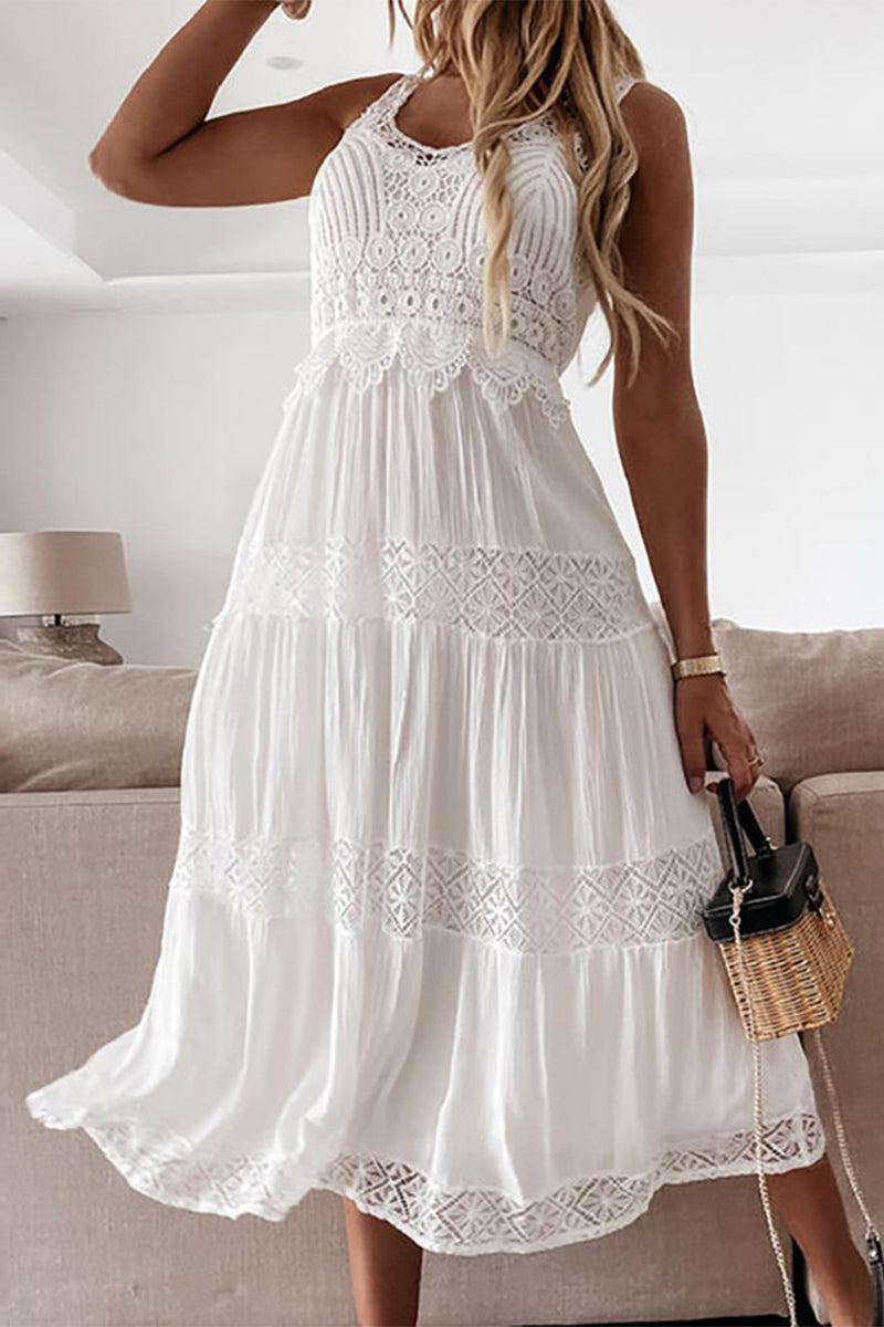 Load image into Gallery viewer, A-Line Midi Summer White Lace Graduation Dress