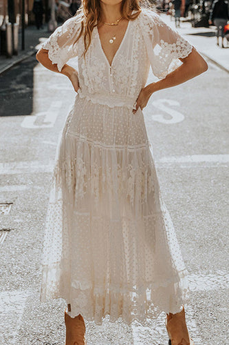 White A Line Short Sleeves Lace Midi Graduation Dress