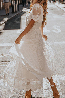 White A Line Short Sleeves Lace Midi Graduation Dress