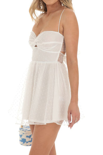 White A-Line Spaghetti Straps Tie Back Short Graduation Dress