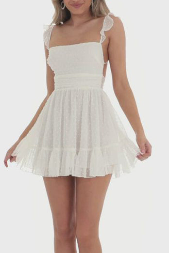 A-Line Square Neck Tie Back Short White Graduation Dress