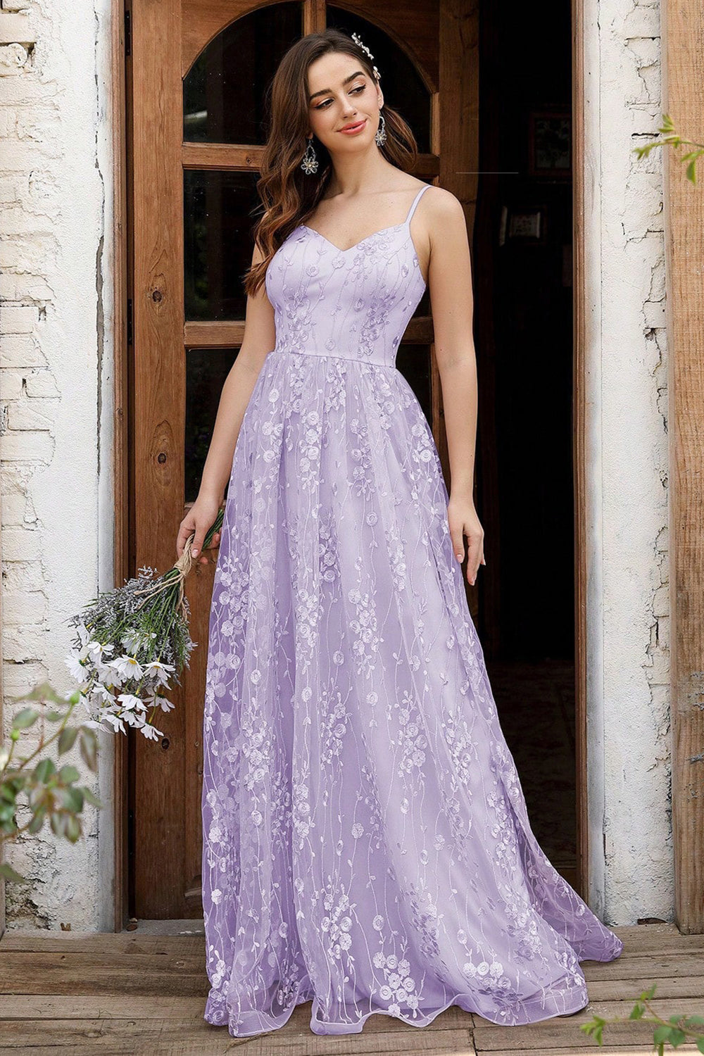 Lilac Spaghetti Straps A Line Lace Prom Dress