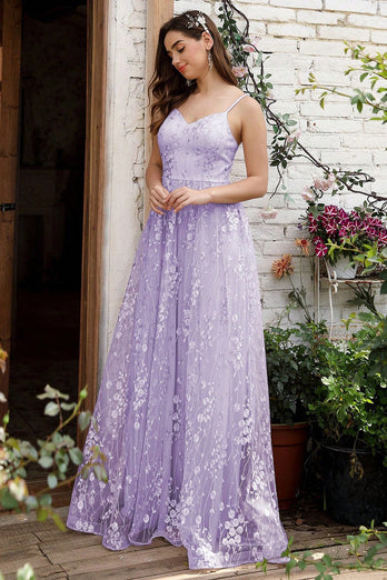 Lilac Spaghetti Straps A Line Lace Prom Dress