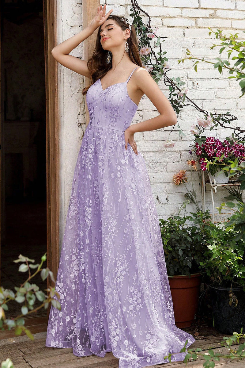 Load image into Gallery viewer, Lilac Spaghetti Straps A Line Lace Prom Dress