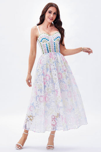 A Line Spaghetti Straps Printed Maxi Graduation Dress