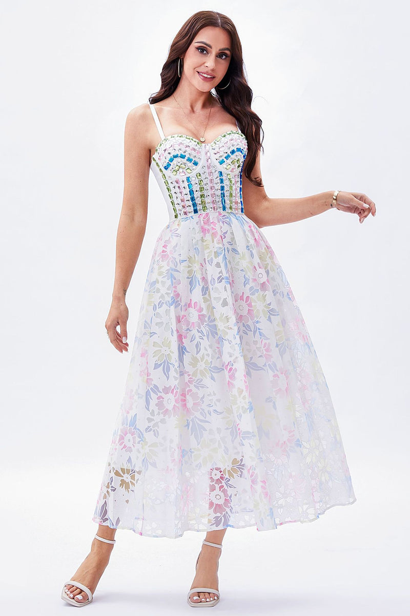 Load image into Gallery viewer, A Line Spaghetti Straps Printed Maxi Graduation Dress